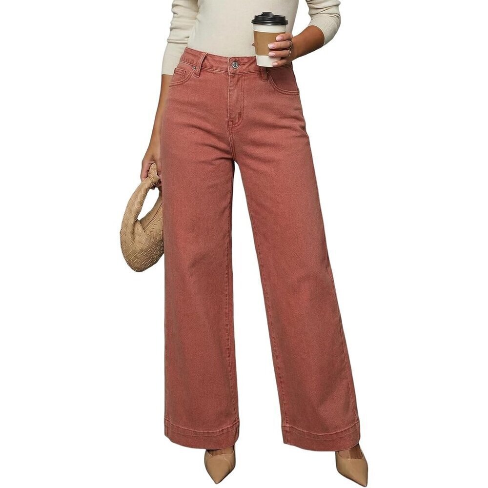 Women Redwood Burl Casual High Waisted Stretch Button Wide Leg Loose Denim Jeans - Picture 1 of 6